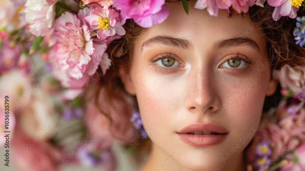 Portrait of a woman showcasing beauty with floral accents, emphasizing natural skincare and cosmetics. Reflecting spring vibes and organic body care for glowing skin in a studio setting Portrait of a woman showcasing beauty with floral accents, emphasizing natural skincare and cosmetics. Reflecting spring vibes and organic body care for glowing skin in a studio setting