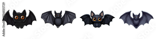 Cute cartoon bats with large eyes and varying wing positions, perfect for Halloween decorations or themed designs. These adorable creatures add playful touch to any spooky setting photo