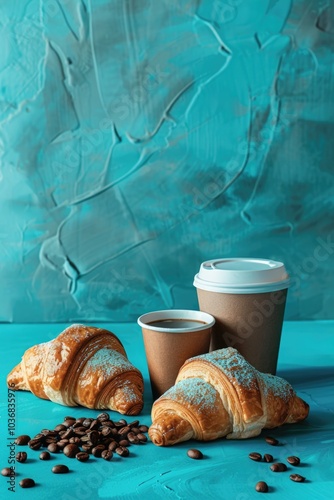 A pair of flaky pastries paired with a steaming cup of joe