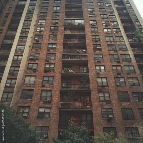 A tall brick apartment building with multiple balconies and windows.