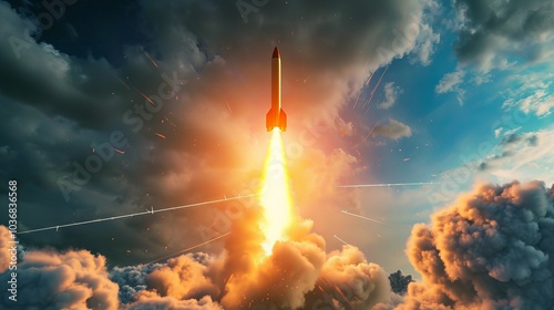 A rocket launches into a cloudy sky with a bright, orange flame.