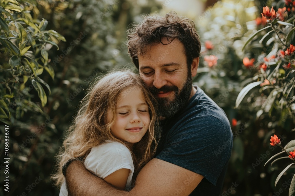 A heartwarming scene of a grown man embracing a young girl in a beautiful garden A heartwarming scene of a grown man embracing a young girl in a beautiful garden