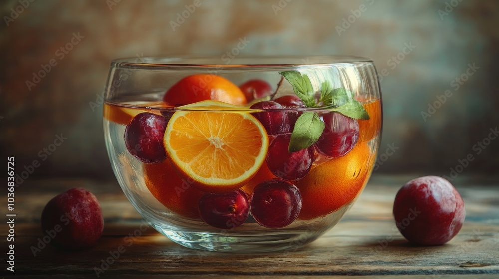 Fresh fruit arranged in a glass bowl, placed on a rustic wooden table Fresh fruit arranged in a glass bowl, placed on a rustic wooden table