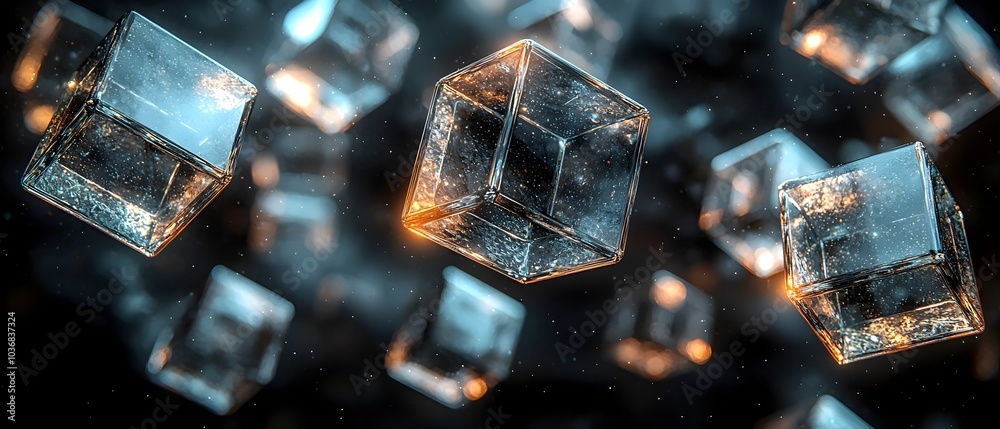 A mesmerizing composition of floating glass cubes illuminated with a golden glow, set against a dark, ethereal background creating a dynamic, abstract atmosphere.