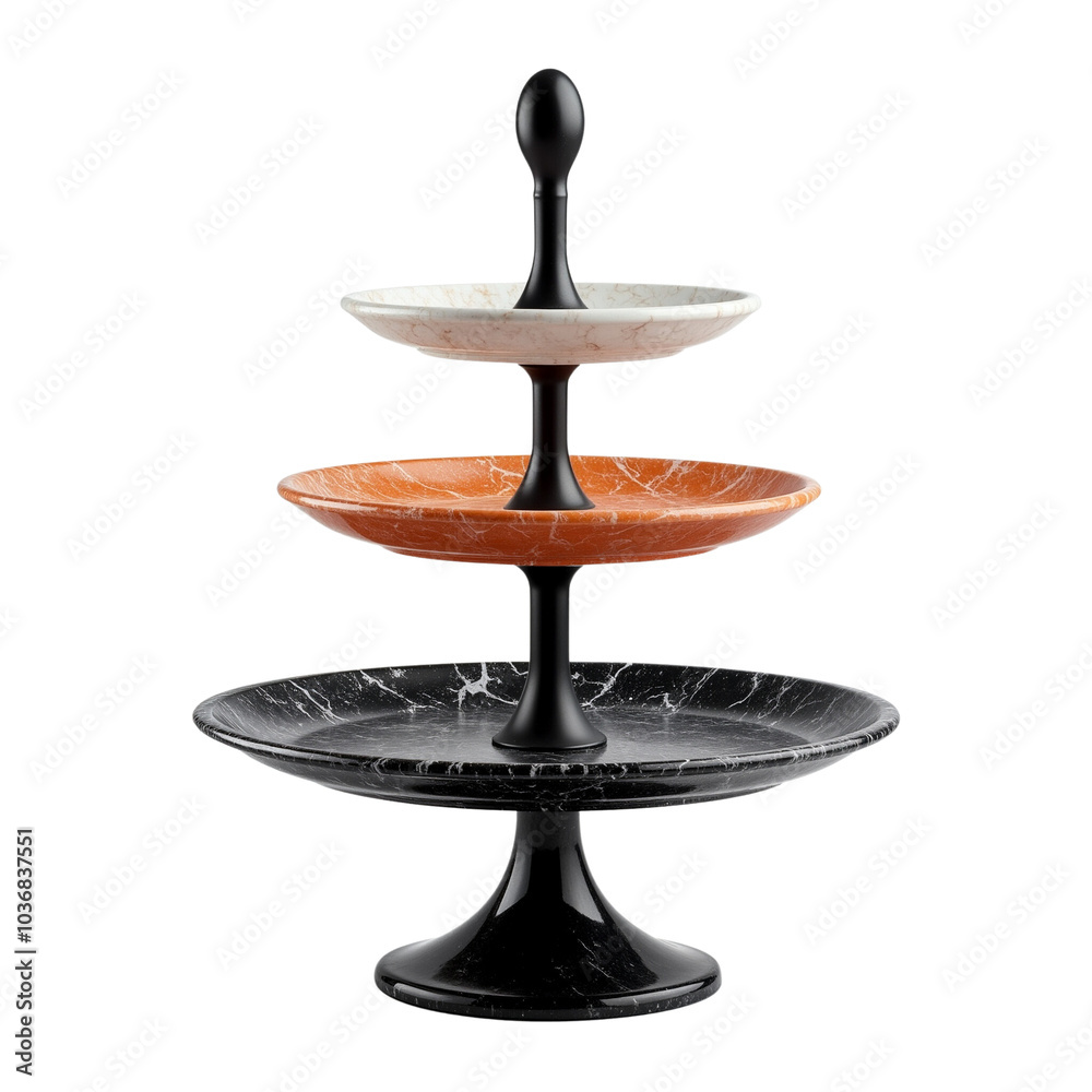 Stylish Three-Tiered Serving Stand in Black, White, and Orange. Stylish Three-Tiered Serving Stand in Black, White, and Orange.