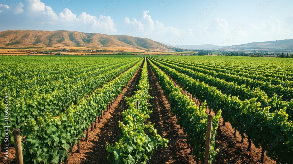 Lush vineyard landscape under a clear sky. Lush vineyard landscape under a clear sky.
