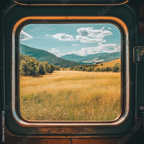 A scenic view of rolling hills and golden meadows framed by a train window, with a bright blue sky and clouds.