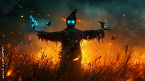 A mysterious scarecrow with glowing eyes in a fiery sunset atmosphere.