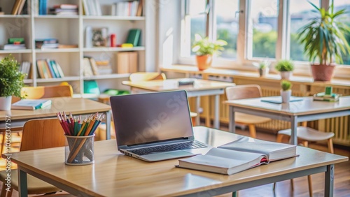 A laptop sits open on a clutter-free desk in a well-lit classroom, surrounded by textbooks and stationery, evoking a sense of curiosity and enthusiasm for learning.