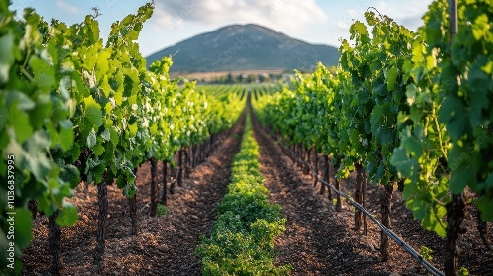 Lush vineyard rows with mountain backdrop. Lush vineyard rows with mountain backdrop.