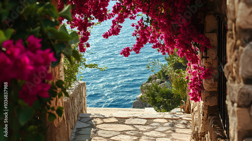 Stunning Mediterranean panorama seen from a stone terrace, overlooking the glistening sea and clear sky.