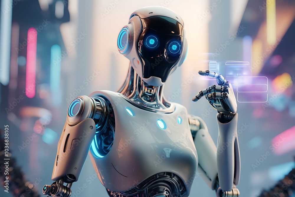 Futuristic Cute and Friendly Robot with Glowing Eyes Exploring a Neon City Futuristic Cute and Friendly Robot with Glowing Eyes Exploring a Neon City