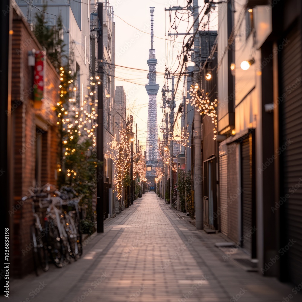 Fototapeta premium A serene alleyway adorned with lights, leading to a distant tower.