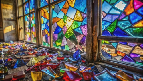 Vibrant shards of colored glass scattered around a shattered window, reflecting a kaleidoscope of hues, creating a mesmerizing mosaic of broken beauty and fractured elegance.