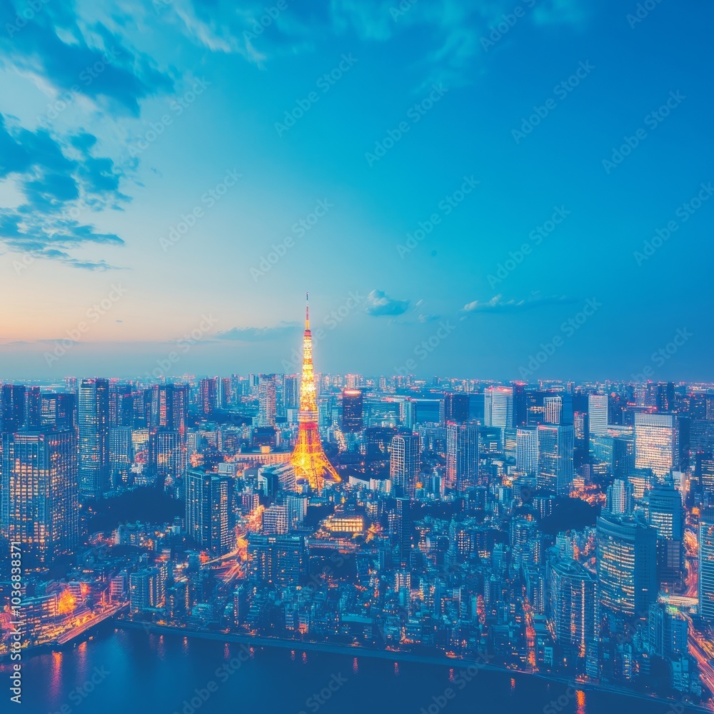 Fototapeta premium A stunning cityscape of Tokyo at dusk, showcasing illuminated skyscrapers.