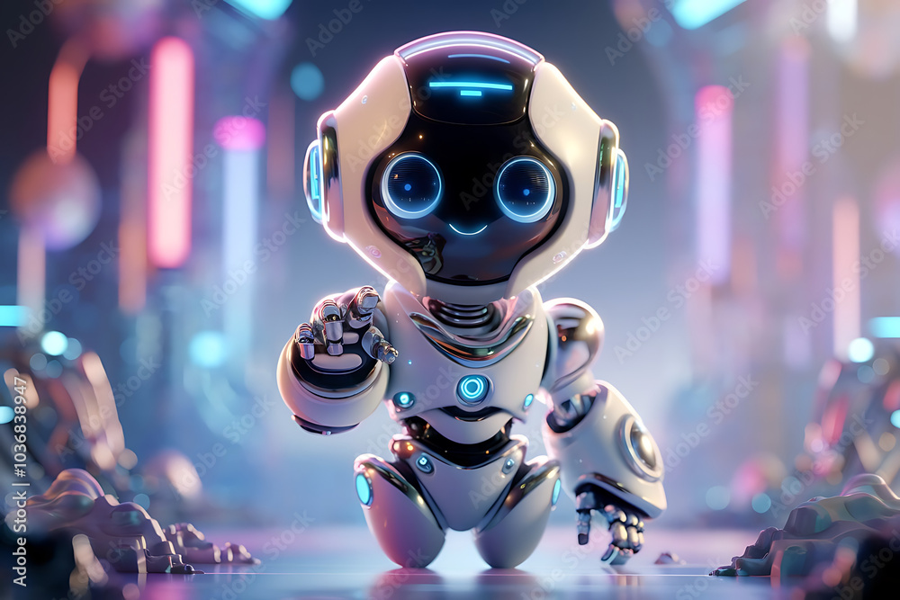 Futuristic Cute and Friendly Robot with Glowing Eyes Exploring a Neon City Futuristic Cute and Friendly Robot with Glowing Eyes Exploring a Neon City