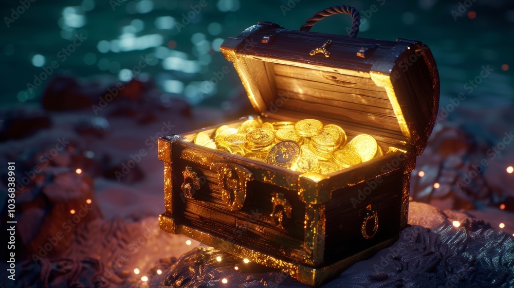 Vivid image of a treasure chest overflowing with shimmering gold coins ...