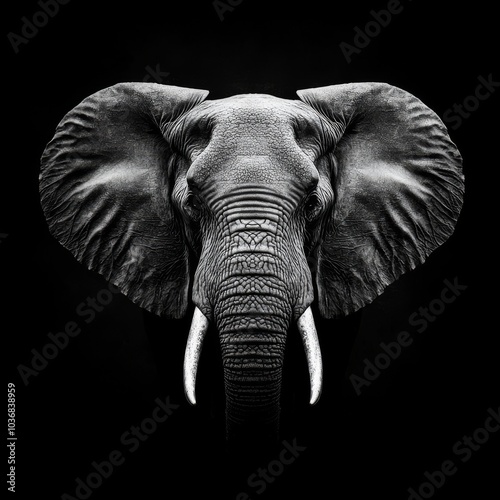 Majestic elephant headshot, highlighting its powerful tusks and detailed skin textures against a black background.