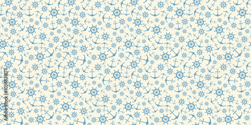 Nautical seamless pattern with ship wheels and anchors. Vector illustration