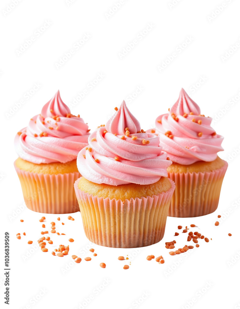 Three Delicious Cupcakes with Pink Frosting and Sprinkles. Three Delicious Cupcakes with Pink Frosting and Sprinkles.