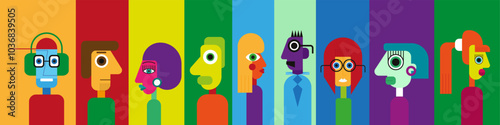 Abstract geometric cubist inspiration composition of people faces. Colorful haracters collection. Vector illustration for prints, card, web, digital concept, poster