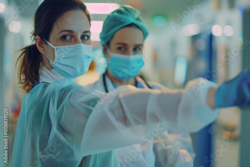 Medical professionals, including female doctors, following safety protocols by greeting with elbows while maintaining social distance in hospital settings during the pandemic photo