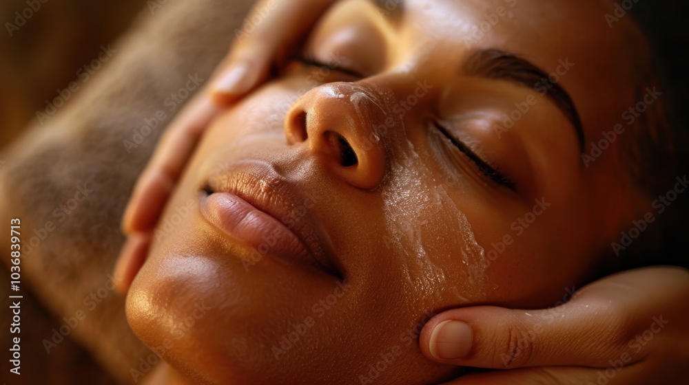 Naklejka premium Relaxation therapy with head and hand massage for wellness and stress relief. Professional therapist providing skincare and rejuvenation treatment in a luxurious setting