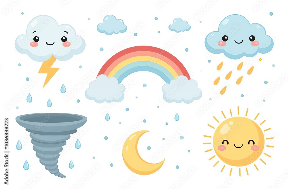 Cloud rain weather cartoon cute set. Cloud, sun, moon weather character with smile and angry face. Hand drawn doodle sketch style. Rainbow, wind, tornado doodle characte Cloud rain weather cartoon cute set. Cloud, sun, moon weather character with smile and angry face. Hand drawn doodle sketch style. Rainbow, wind, tornado doodle characte