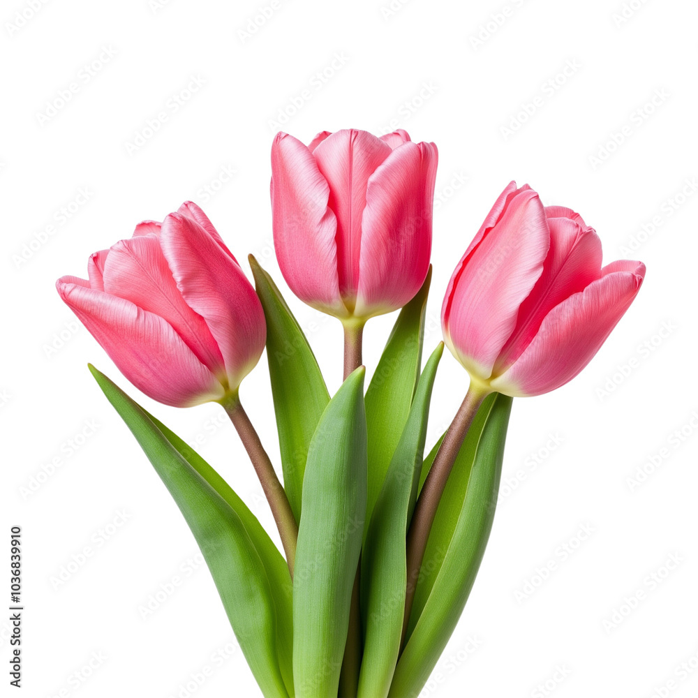 Fototapeta premium Three Pink Tulips with Green Leaves Displaying Natural Beauty
