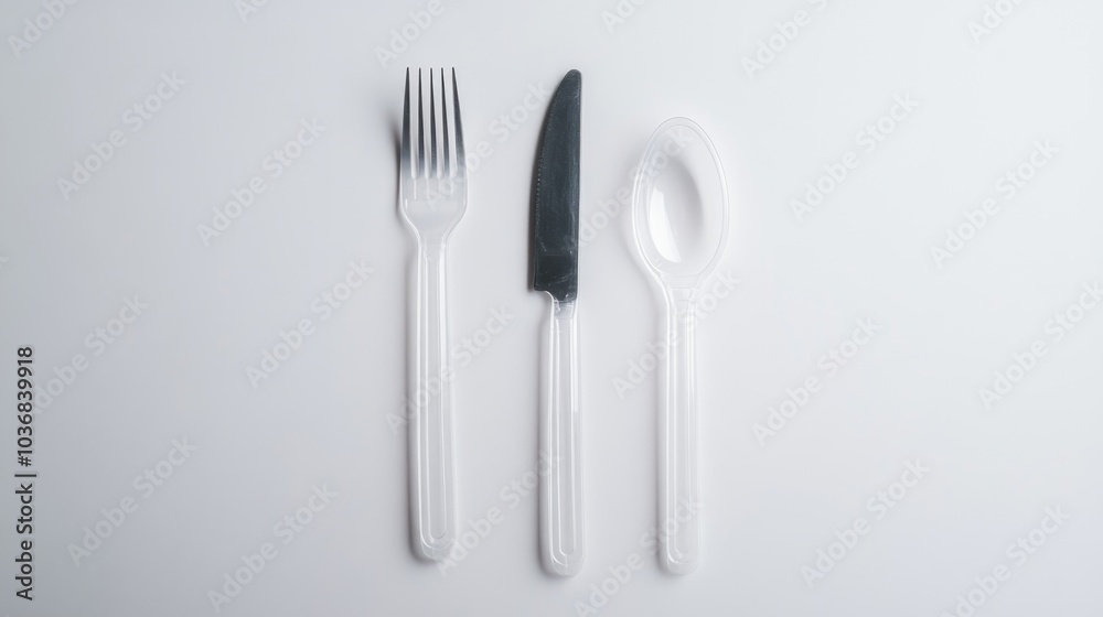 Close-up of three plastic eating utensils, including two forks and one knife, placed on a clean white surface Close-up of three plastic eating utensils, including two forks and one knife, placed on a clean white surface