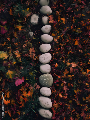 A path of smooth stones lined on colorful autumn leaves in a serene outdoor setting, showcasing nature's beauty and tranquility.