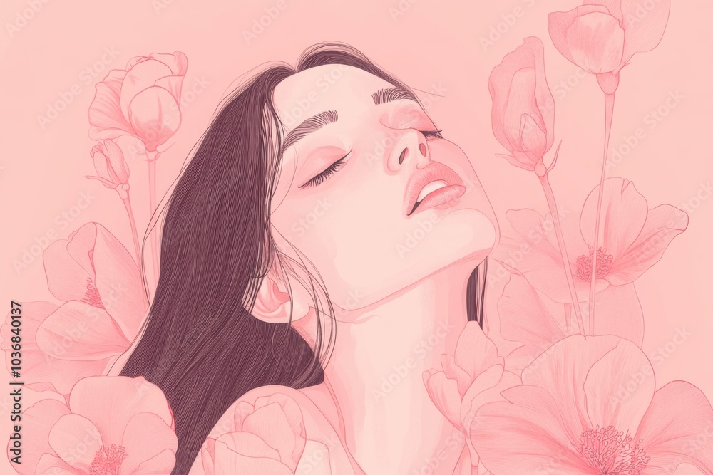 Serene woman amidst pastel pink florals in minimalistic design Serene woman amidst pastel pink florals in minimalistic design