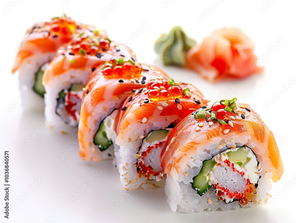 Delicious Salmon Sushi Rolls with Red Caviar Delicious Salmon Sushi Rolls with Red Caviar