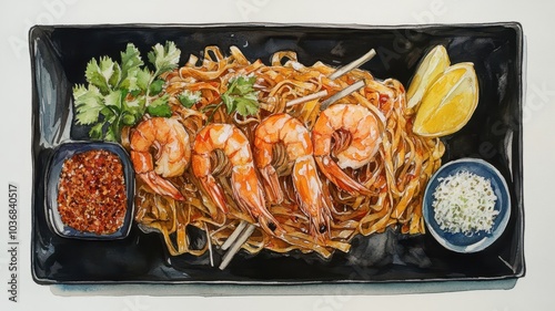 Watercolor of Thai Fried Noodles,Pad Thai with shrimp and vegetables,Thai Food,Pad Thai popular street food,Original thai food with prawn in Pad Thai,Thailand popuplar cuisine,menu for restaurant. photo