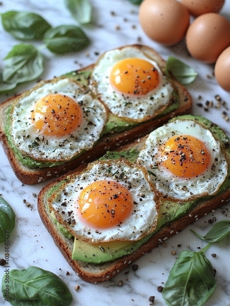 A vibrant dish of toasted bread topped with sunny-side-up eggs, avocado, and fresh basil, evoking a fresh morning vibe. A vibrant dish of toasted bread topped with sunny-side-up eggs, avocado, and fresh basil, evoking a fresh morning vibe.