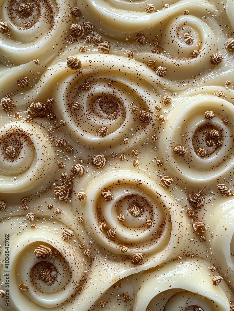 A close-up view of creamy swirls topped with golden sprinkles, creating an artistic and inviting dessert presentation.
