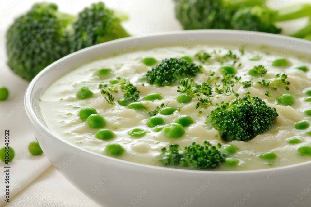 A warm bowl of broccoli and peas soup, ready to be enjoyed A warm bowl of broccoli and peas soup, ready to be enjoyed