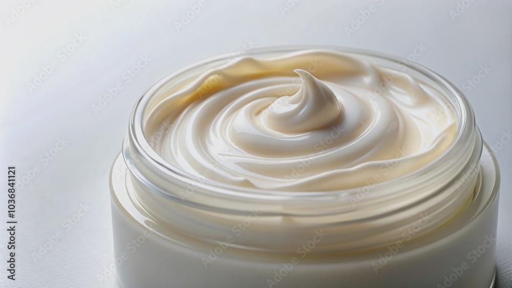 A close up image of a cream moisturizer with a wavy texture is showcased on a white background offering a copy space image in a horizontal banner format It is a beauty product for skin care 148 charac A close up image of a cream moisturizer with a wavy texture is showcased on a white background offering a copy space image in a horizontal banner format It is a beauty product for skin care 148 charac