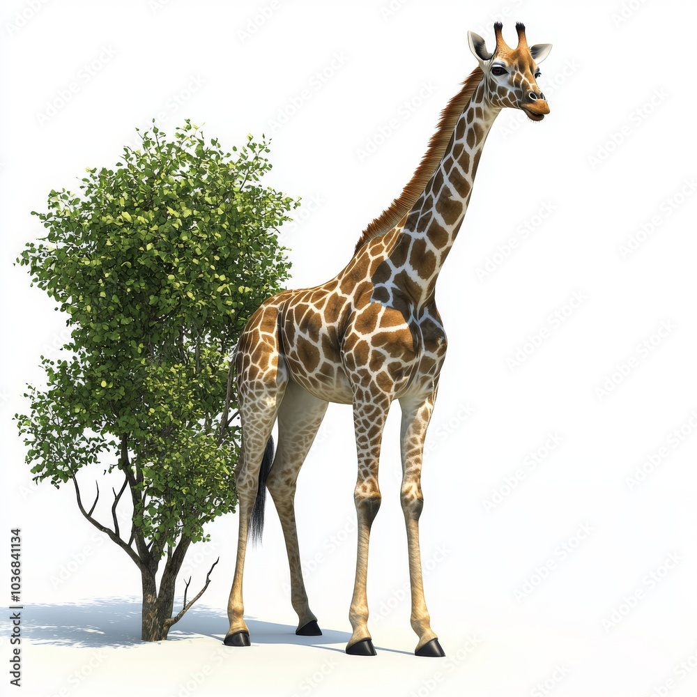Fototapeta premium A majestic giraffe stands beside a leafy tree, showcasing its unique patterns and graceful height against a white backdrop.
