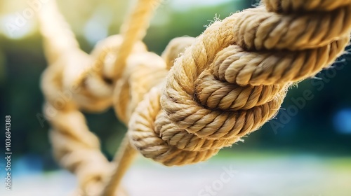 Complex web of interconnected ropes symbolizing intricate business relationships and antitrust challenges, with a focused foreground rope representing the effort to break monopolies. photo