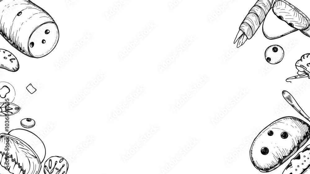 Bakery background. Bakery top view frame. Hand drawn sketch with bread ...