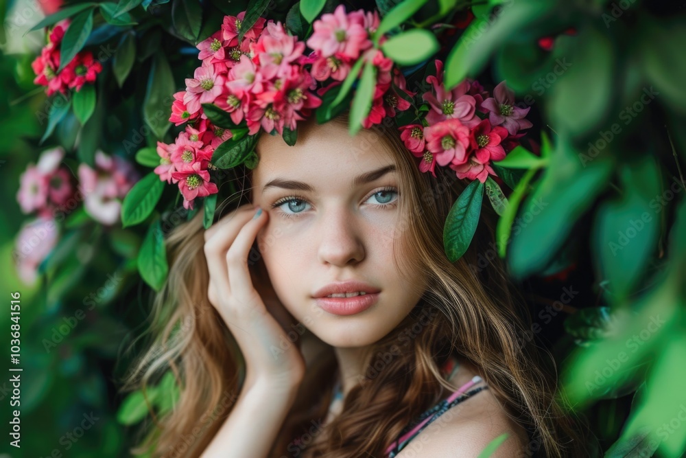 A woman wearing a colorful flower crown on her head A woman wearing a colorful flower crown on her head