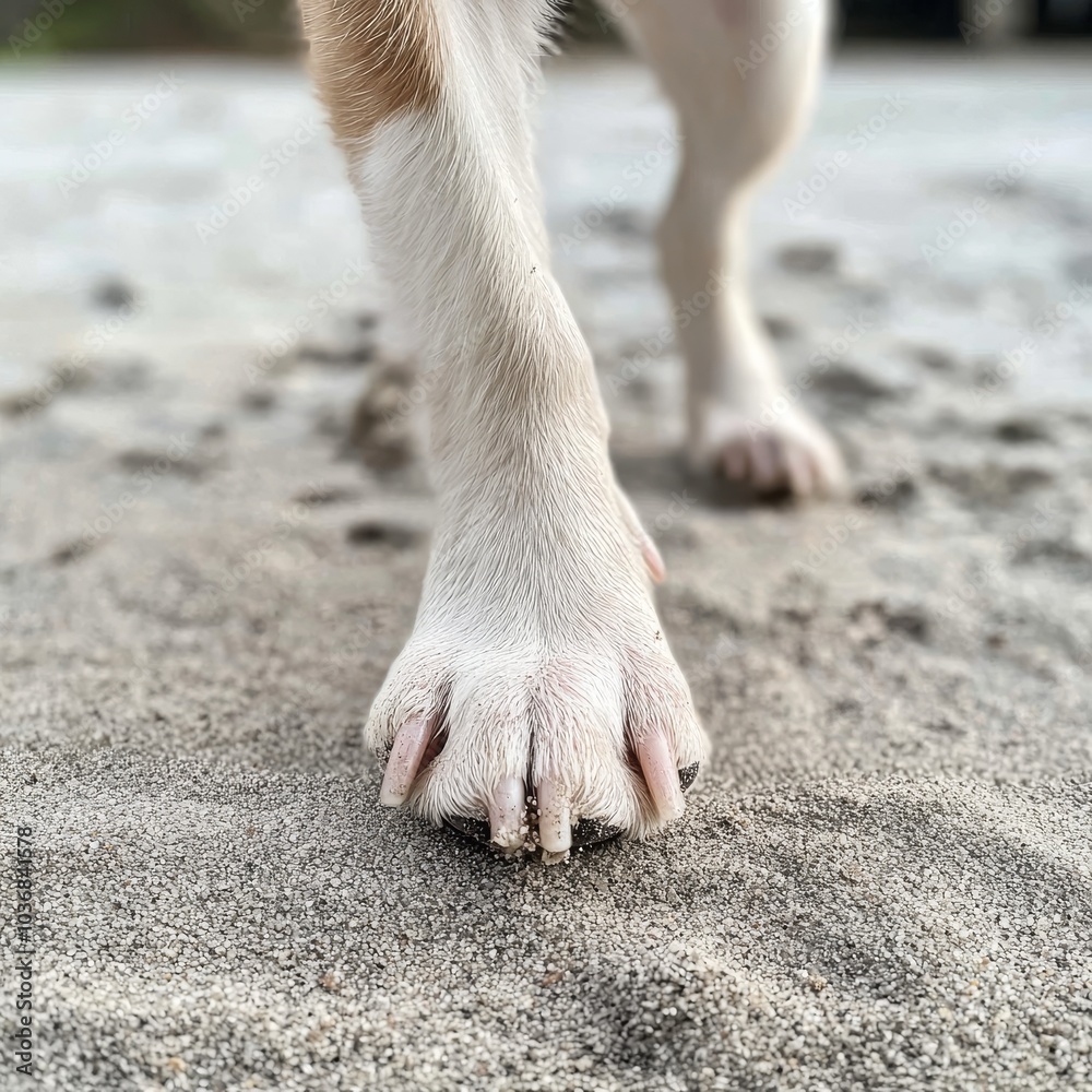 Fototapeta premium Close-up of a dog's paw touching soft sand, showcasing the fine details of its fur and claws.