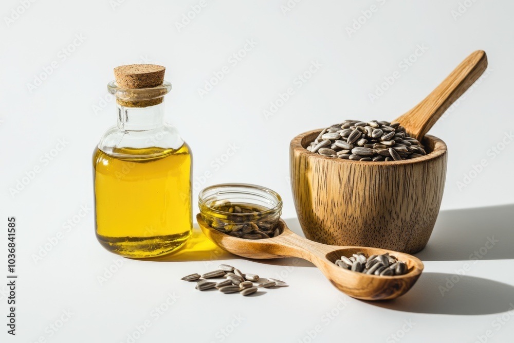 Sunflower oil and seeds in one place Sunflower oil and seeds in one place