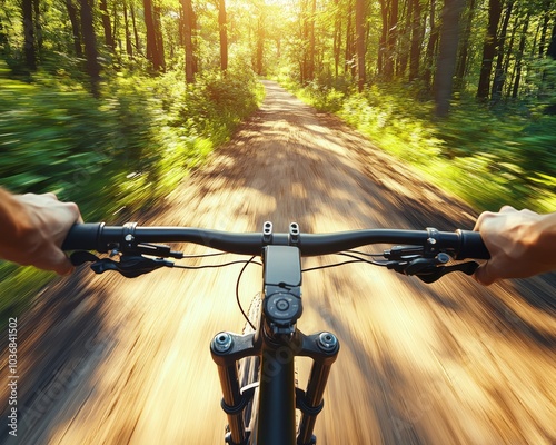 A close-up view of a cyclist's hands on the handlebars, speeding through a sunlit forest trail. photo