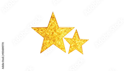 Two Glittering Golden Stars of Different Sizes on a White Background