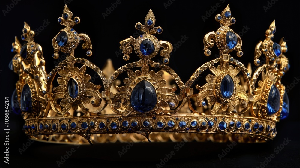 Obraz premium A shiny golden crown adorned with sparkling blue jewels