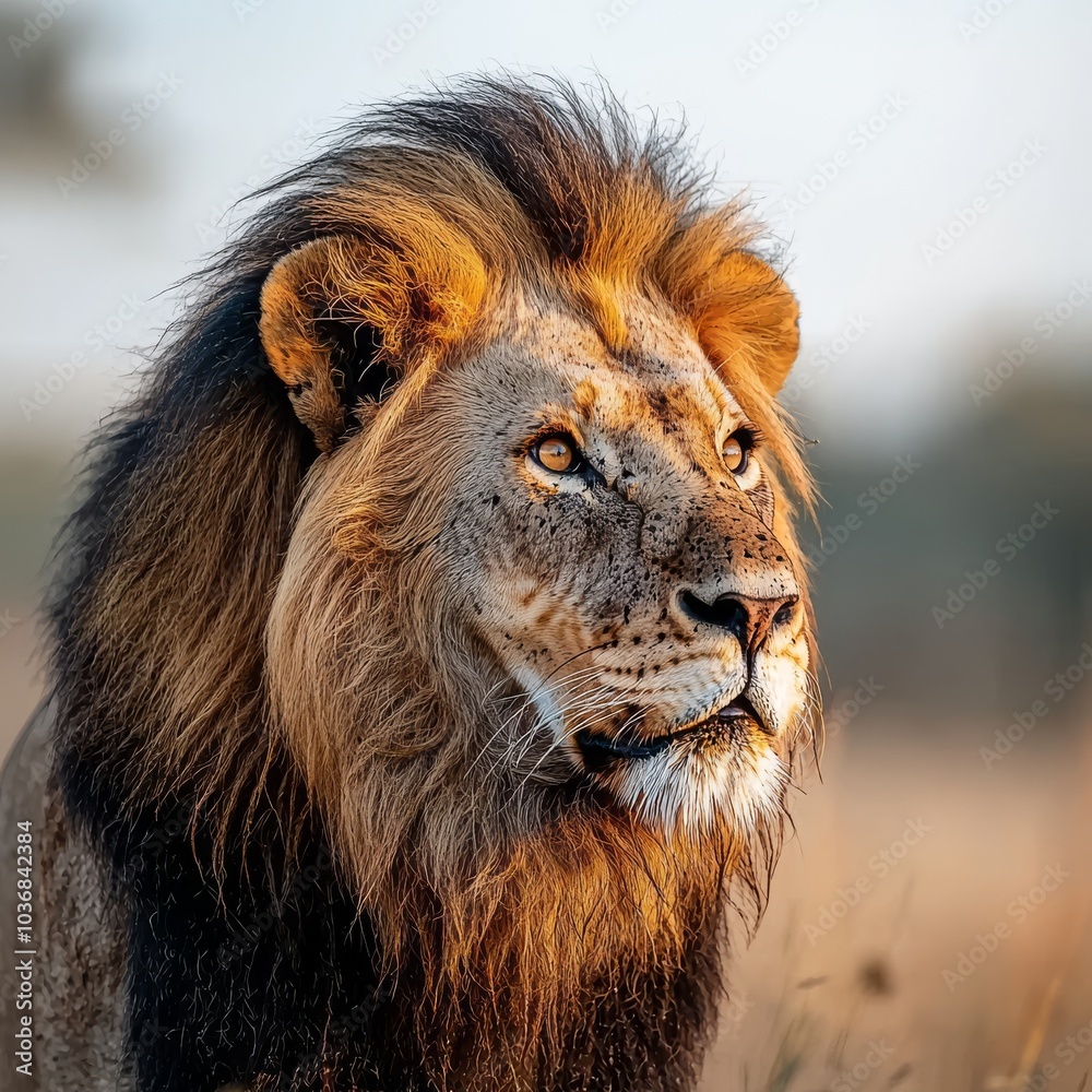 Majestic male lion gazing intently, highlighting its powerful mane and fierce expression in a golden sunset. Majestic male lion gazing intently, highlighting its powerful mane and fierce expression in a golden sunset.