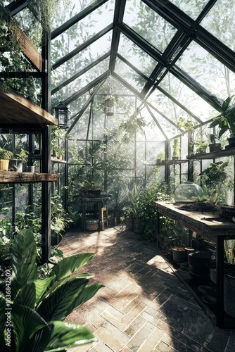 A serene indoor greenhouse filled with lush greenery and sunlight streaming through the glass.