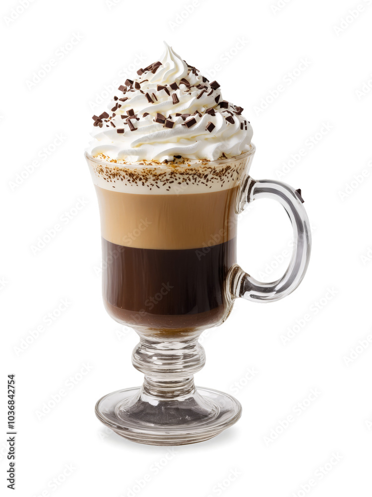Irish Coffee in clear glass mug topped with whipped cream and sprinkle of dark chocolate Irish Coffee in clear glass mug topped with whipped cream and sprinkle of dark chocolate